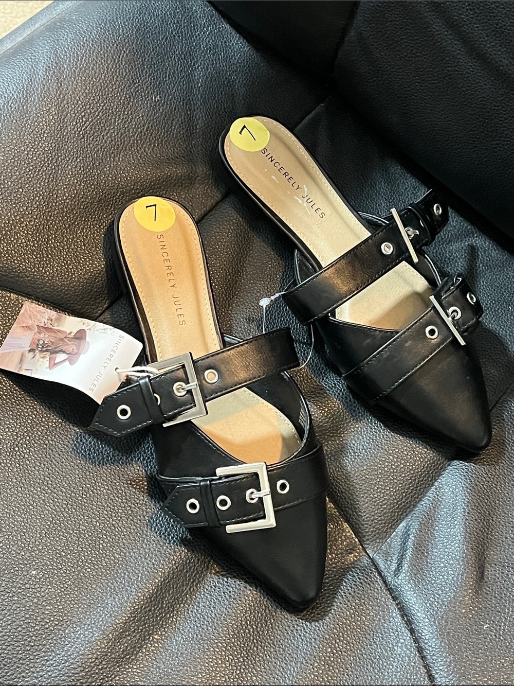 Sincerely Jules Black Pointed Toe Double Buckle Strap Mules size 7 NWT